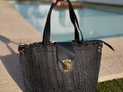 BOLSO CIRCULAR RAFIA Y PIEL MARRÓN NEGRO